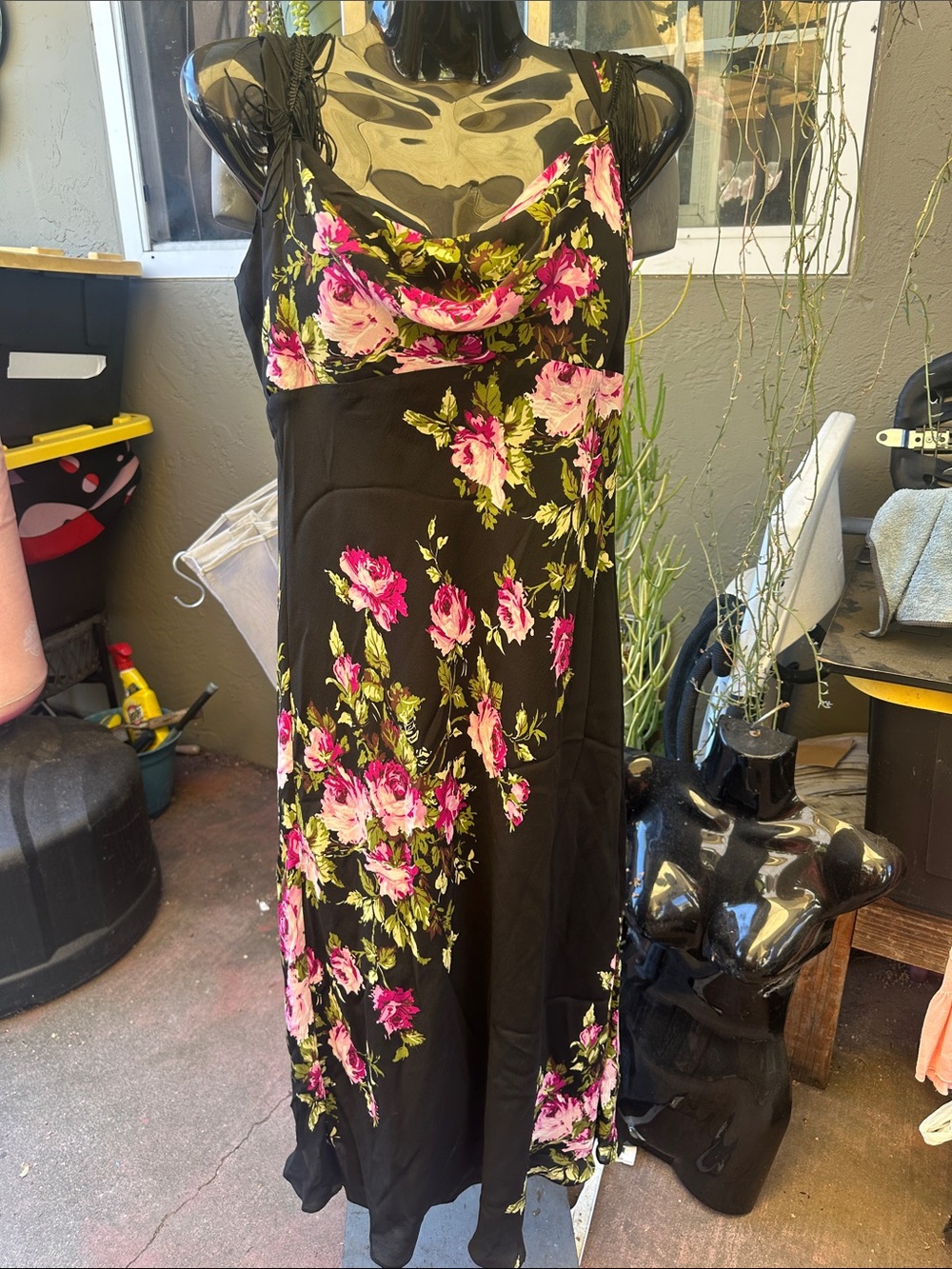 Nicole Miller Black Maxi Dress with Pink Floral Print Shaw